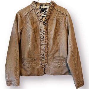 Fantazia Tan Vegan Leather Ruffle V-neck Full Zip Jacket Waist Length